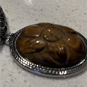 Vintage Large Carved Flower Tigers Eye Pendant
